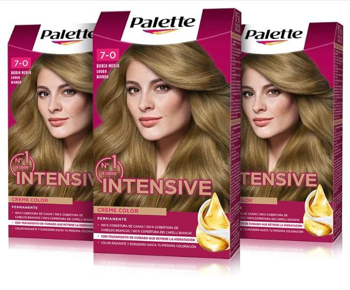 Três caixas do produto de coloração de cabelo Palette Intensive Creme Color cor 7-0 louro médio dourado