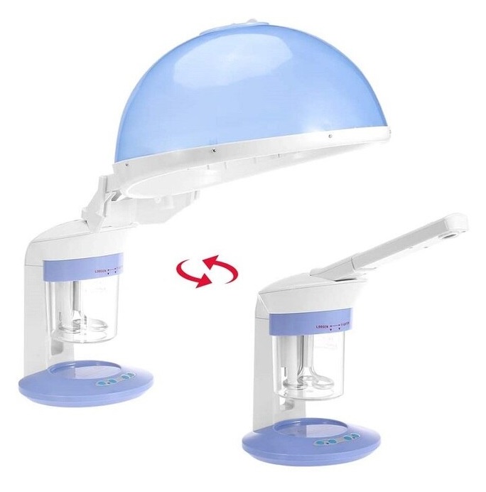 Aparelho para tratamento capilar com cúpula azul e base branca e azul claro