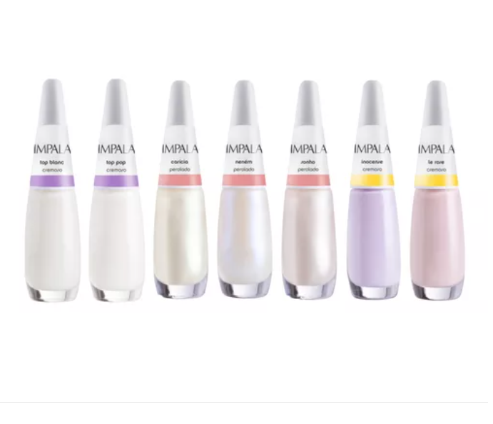 Sete frascos de verniz de unhas IMPALA com tampas brancas e cores suaves