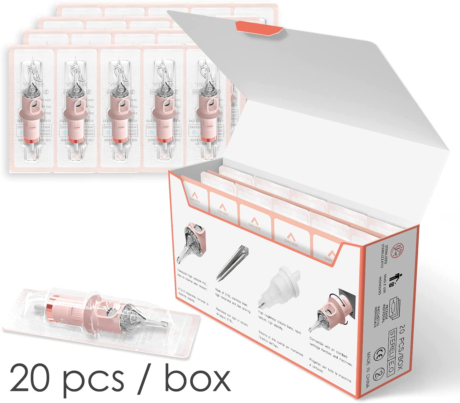 Caixa branca aberta com 20 agulhas de tatuagem em embalagem individual rosa e transparente.