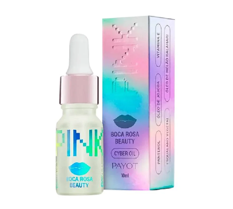 Frasco e caixa colorida do óleo facial Boca Rosa Beauty Cyber Oil Payot