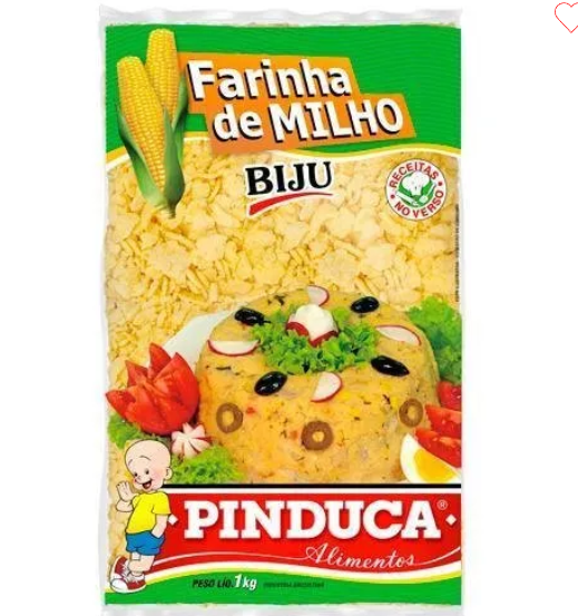 Pacote de farinha de milho Biju Pinduca 1kg com imagem do produto decorado