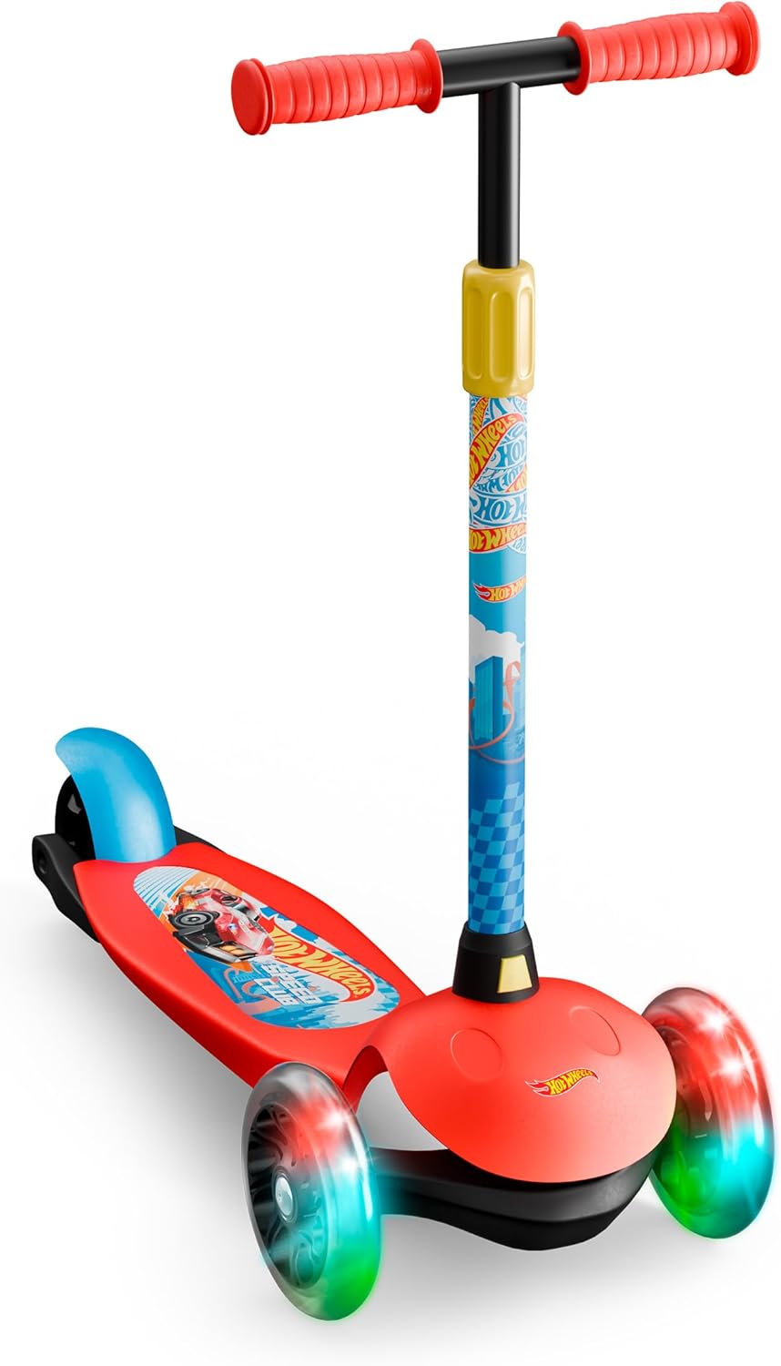 Trotinete infantil Hot Wheels vermelha com punhos vermelhos e rodas dianteiras iluminadas