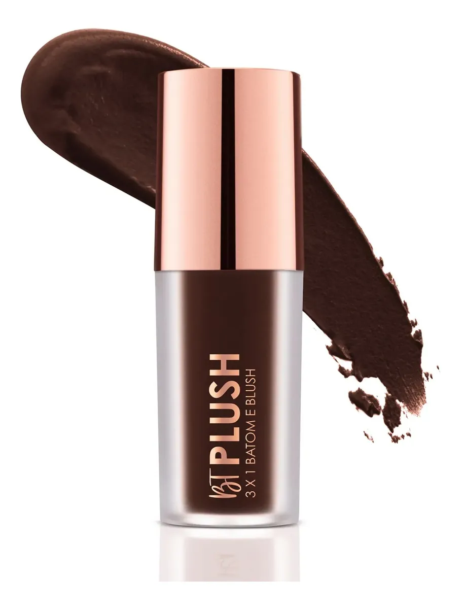 Batom e blush em bastão castanho escuro com tampa rose gold