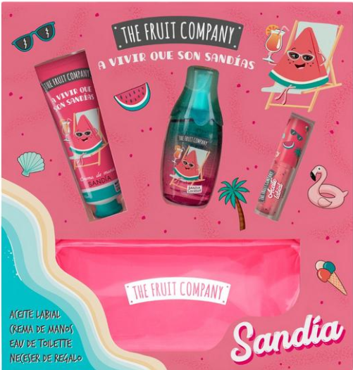 Conjunto cosmético THE FRUIT COMPANY tema sandia com creme mãos, eau toilette, azeite labial e necessaire rosa