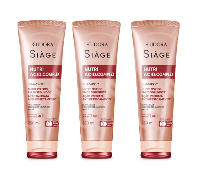 Três frascos de champô Eudora Siàge Nutri Acid.Complex 250 ml