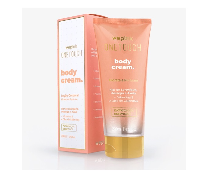 Creme corporal WEPIK ONETOUCH com embalagem cor de pêssego e dourada ao lado da caixa correspondente