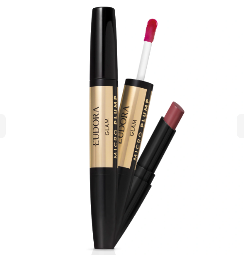 Dois maquilhagens EUDORA, batom líquido e batom tradicional em preto e dourado