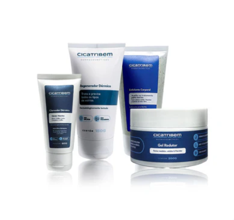 Produtos Cicatribem de cuidados de pele, em tubos e frascos brancos e azuis com rótulos em português.
