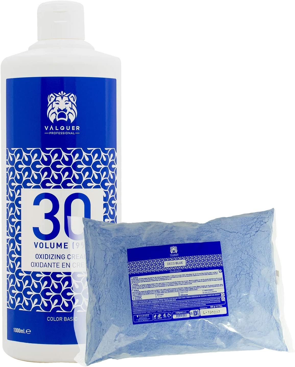 Produto de coloração de cabelo com garrafa de creme oxidante e saco de pó azul