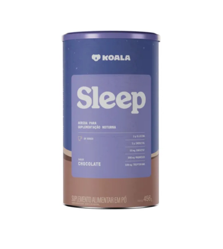 Suplemento alimentar Koala Sleep em embalagem cilíndrica azul e castanha com texto em branco