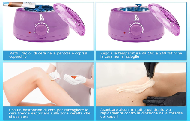 Aquecedor de cera roxo com tampa transparente e instruções para uso em depilação