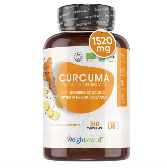 Frasco de cápsulas de cúrcuma orgânica certificada com gengibre e pimenta negra da WeightWorld