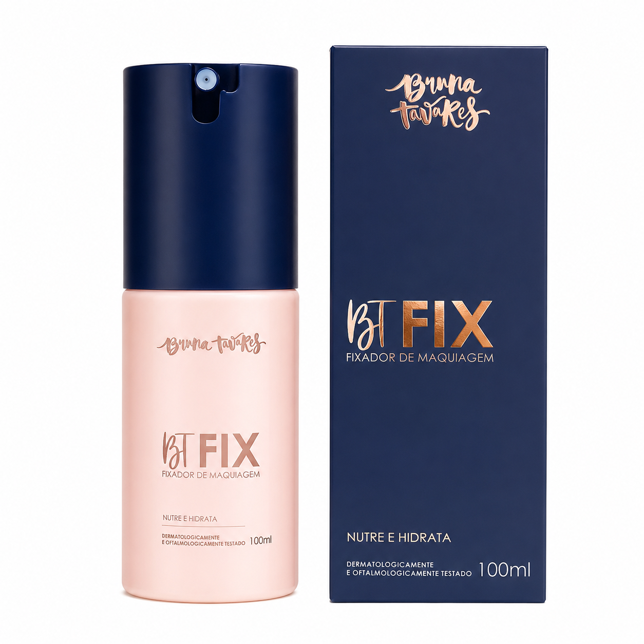Frasco de fixador de maquilhagem Bruna Tavares BT FIX rosa e azul com caixa azul