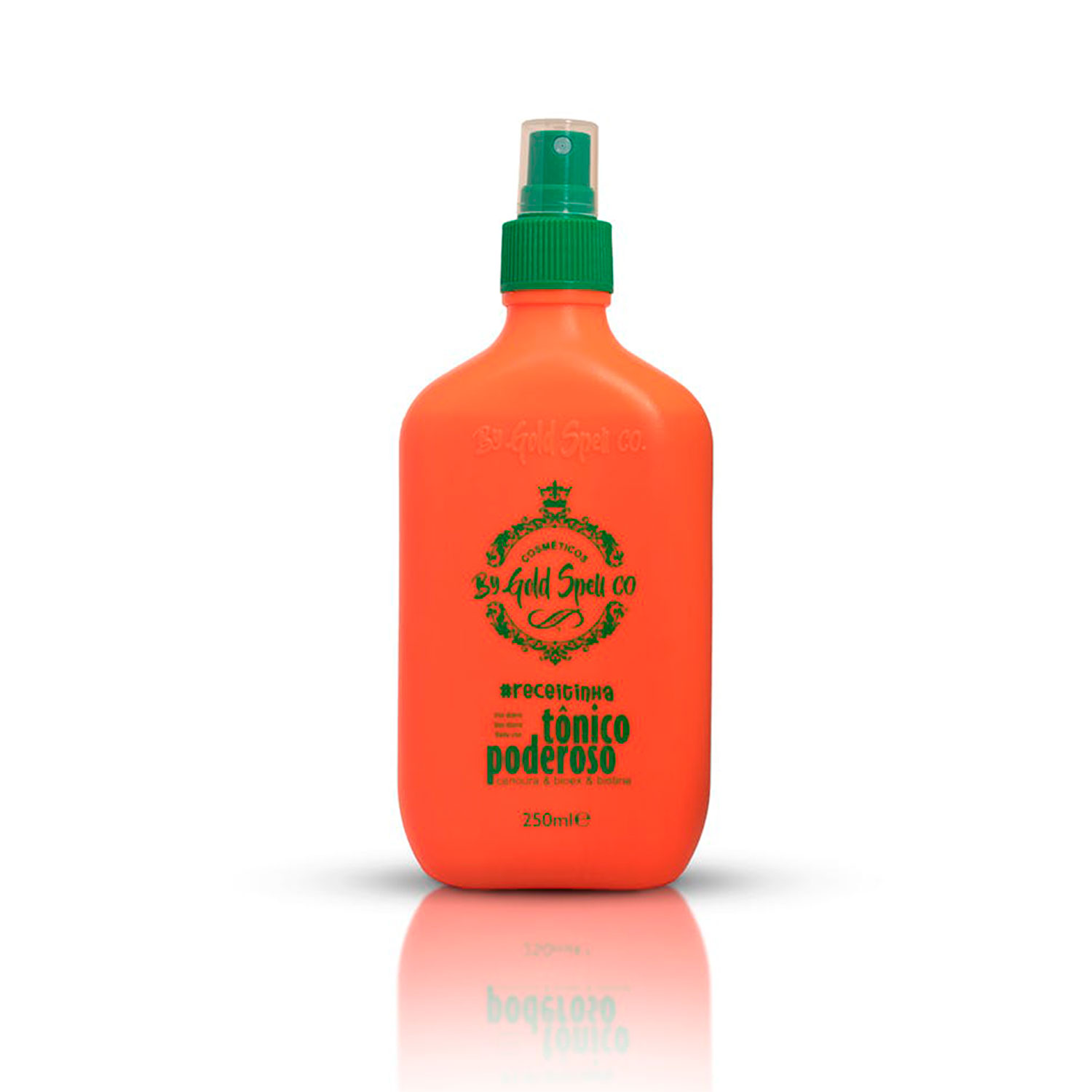 Frasco plástico laranja com tampa spray verde e texto verde