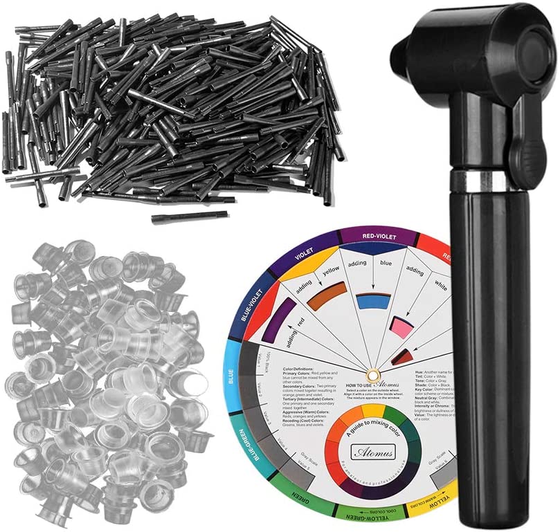 Conjunto de ferramentas para reparação de pneus com pernos pretos, plugues transparentes, dispositivo preto e disco colorido com instruções.