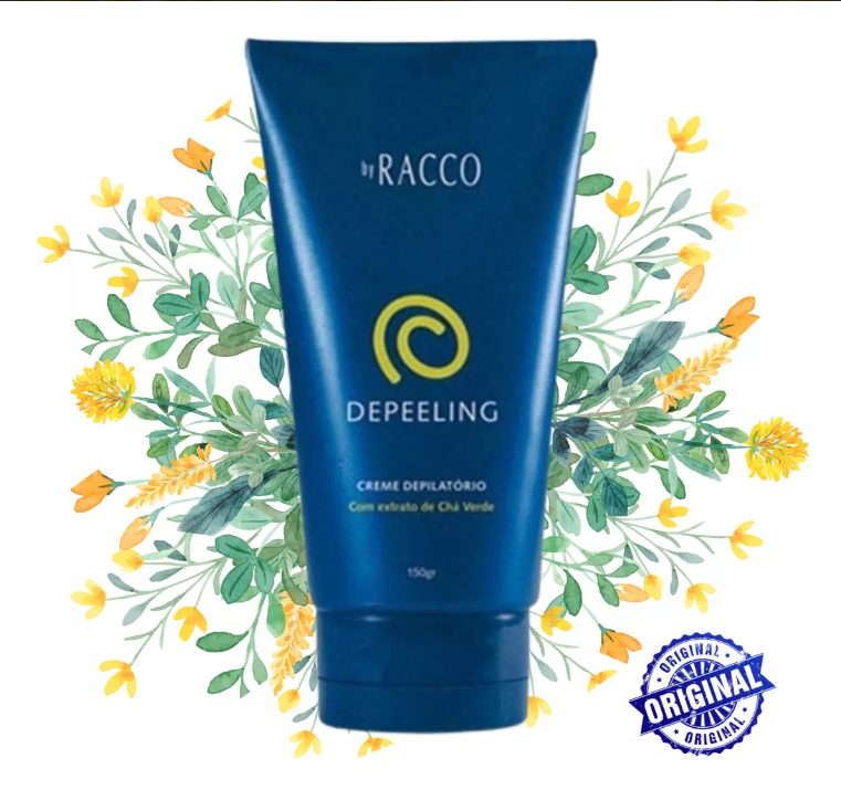 Creme depilatório DEPEELING by RACCO em tubo azul, selo ORIGINAL, fundo floral amarelo e verde