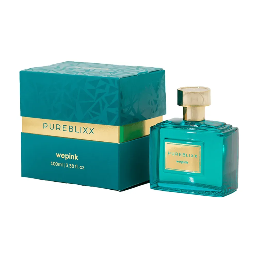 Frasco de perfume e caixa azul-turquesa com detalhes dourados e texto PUREBLIXX wepink