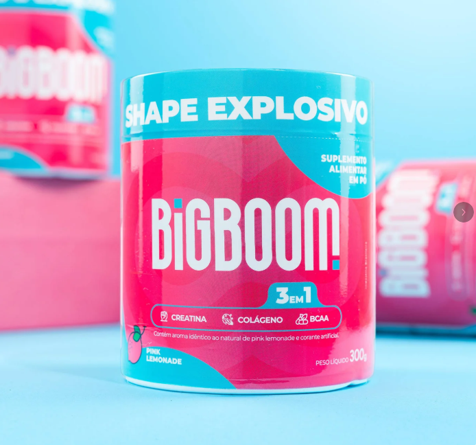 Suplemento alimentar em pó BIGBOOM em embalagem rosa e azul