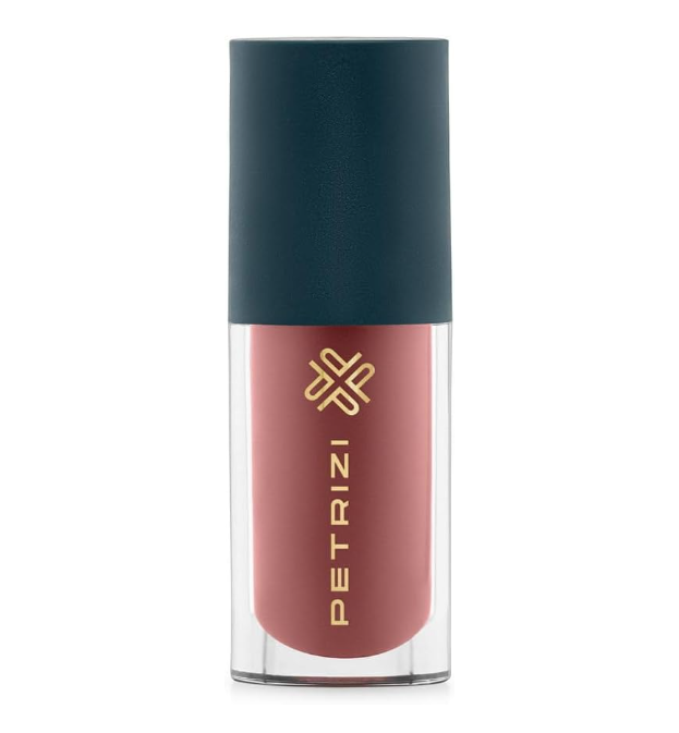 Frasco transparente de verniz de unhas PETRIZI com tampa azul escura e verniz rosa