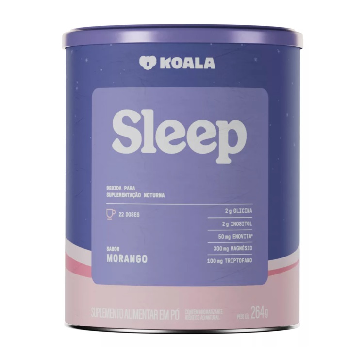 Lata de suplemento alimentar Koala Sleep sabor morango em tons de roxo e rosa.