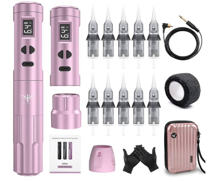 Máquina de tatuagem rosa com acessórios e estojo
