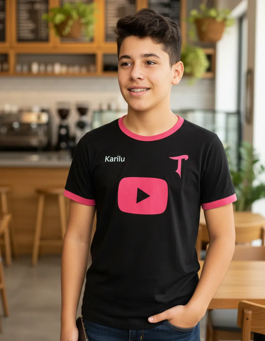 Rapaz a usar t-shirt preta com gola rosa em café