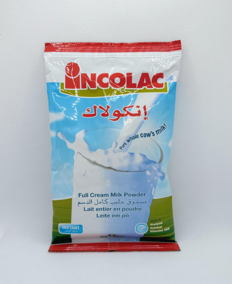 Pacote de pó de leite integral Incolac com imagem de copo de leite e texto multilíngue
