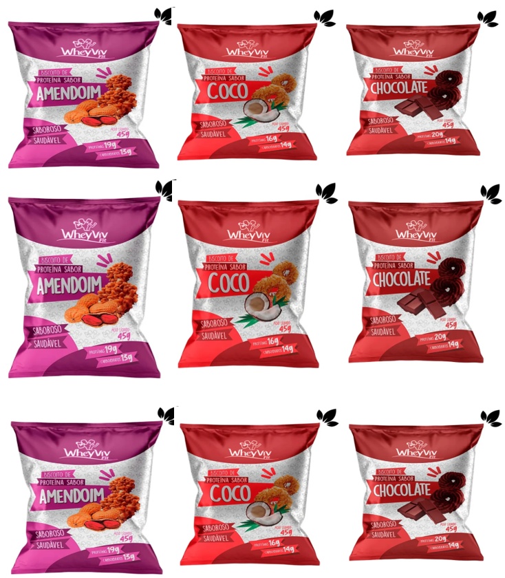 Pacotes de snacks WhyViv nos sabores Amendoim, Coco e Chocolate em arranjo 3x3