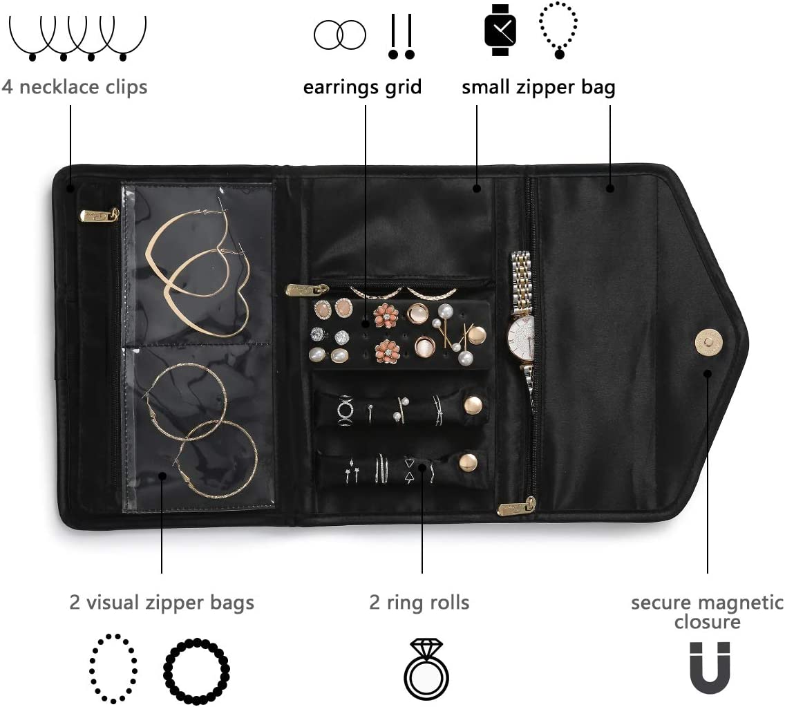 Bolsa organizadora de joias preta aberta com vários compartimentos e fecho magnético