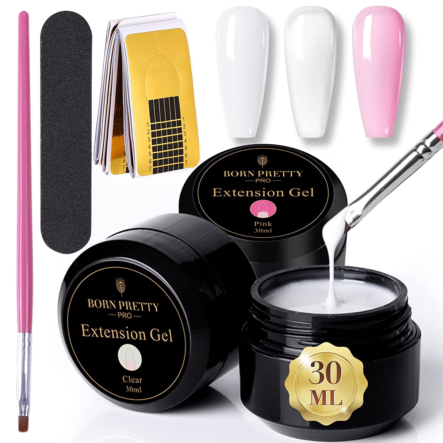 Conjunto de vernizes de extensão de unhas BORN PRETTY PRO com gel transparente e rosa, pincel, lima e moldes
