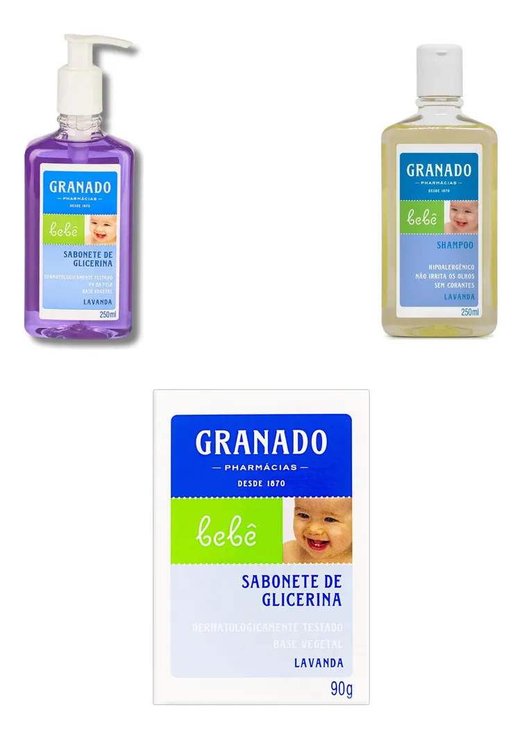 Produtos Granado Bebê: sabonete líquido, shampoo e sabonete em barra