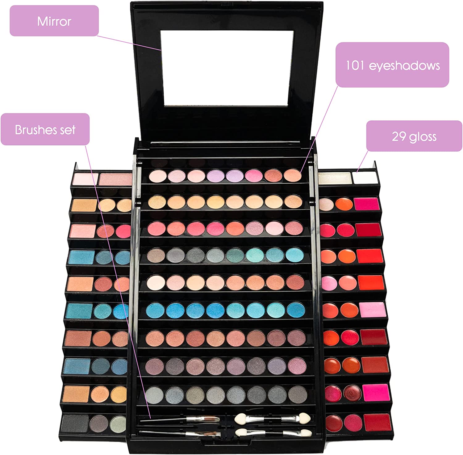 Paleta de maquilhagem com sombras, glosses, pincéis e espelho