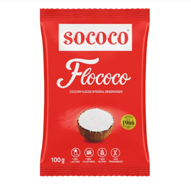Pacote vermelho de flocos de coco Sococo com selo desde 1966