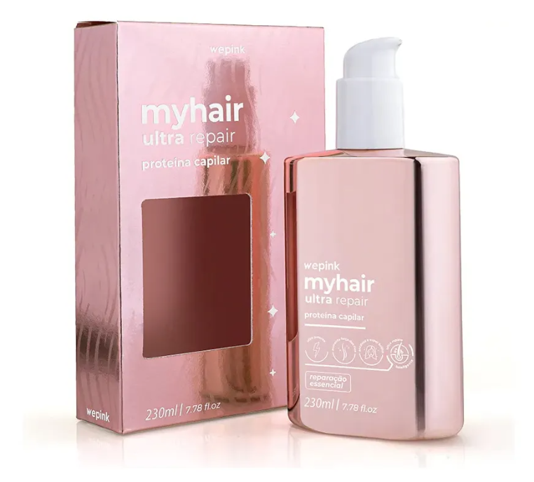 Frasco e caixa rosa metálico de produto myhair ultra repair