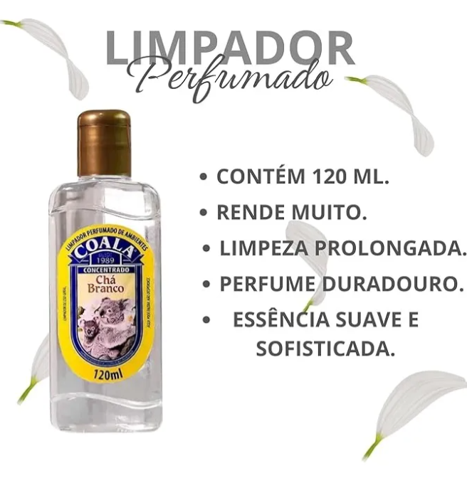 Frasco de limpador perfumado com etiqueta azul e amarela e texto descritivo ao lado