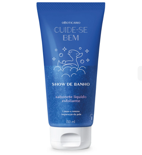 Embalagem azul de sabonete líquido esfoliante Cuide-se Bem