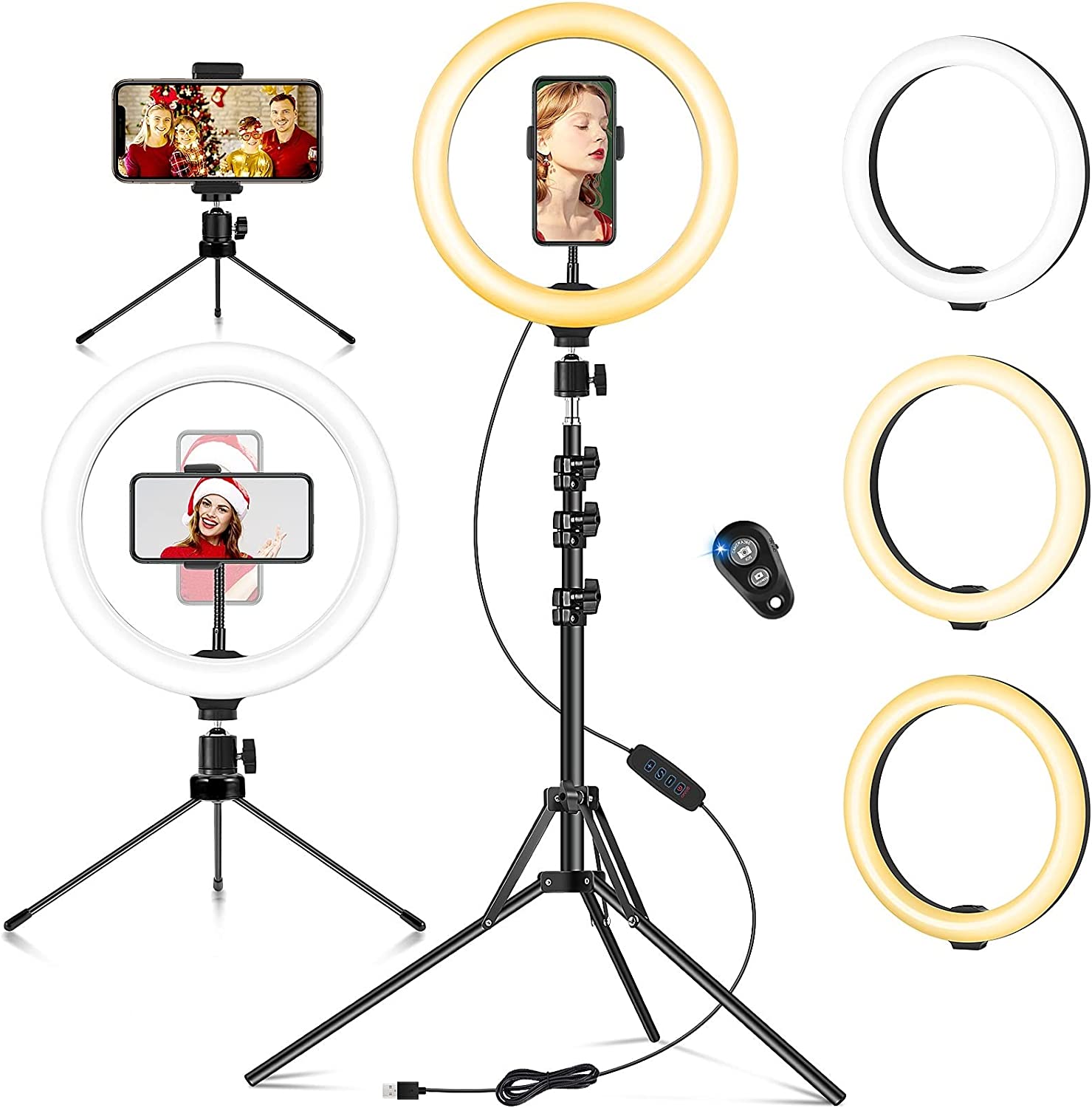 Anel de luz LED com tripé, suporte para smartphone e controle remoto