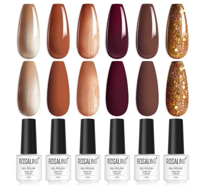 Seis frascos de verniz gel ROSALIND com várias cores, incluindo bege, castanho, vinho e glitter dourado.