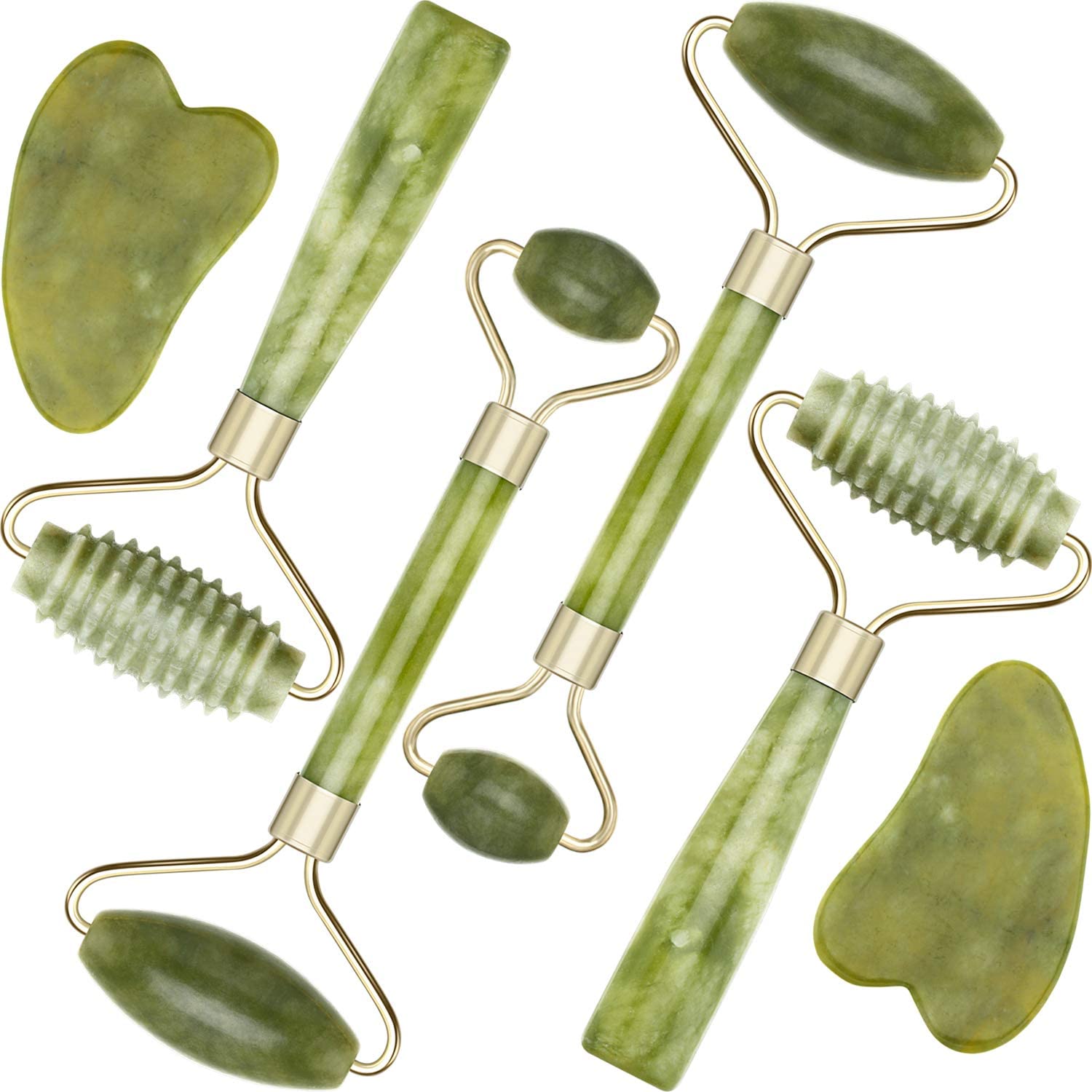 Conjunto de rolos faciais verdes e raspadores em pedra verde com suporte dourado