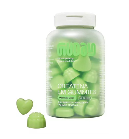 Frasco de suplemento alimentar em gummies verdes forma de coração e outra forma com rótulo explicativo