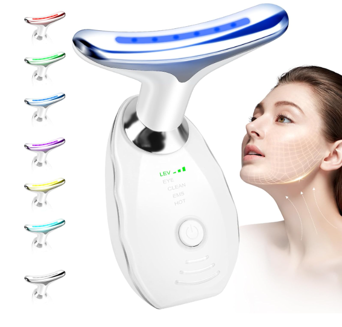 Dispositivo facial branco com LED azul e indicadores LED, mostrado ao lado do rosto feminino