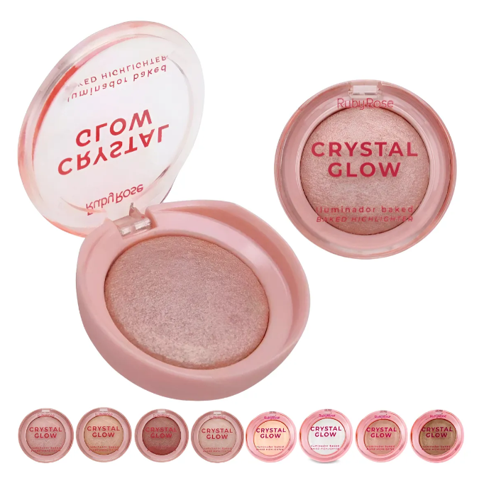 Iluminador compacto Ruby Rose Crystal Glow rosa claro com tampa transparente e texto vermelho