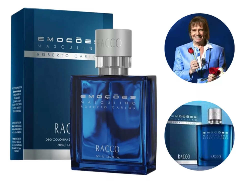 Frasco e embalagem de perfume masculino azul EMOÇÕES MASCULINAS RACCO