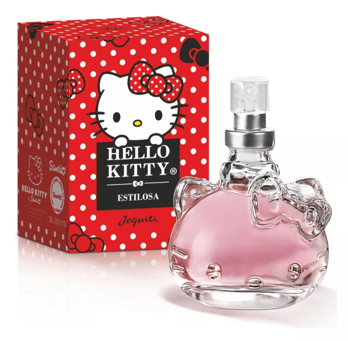 Frasco de perfume Hello Kitty Estilosa Jequiti ao lado da caixa vermelha com bolinhas brancas e desenho da Hello Kitty