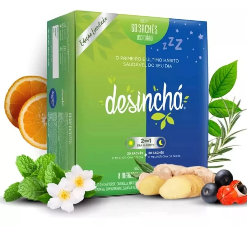 Caixa de chá Desinchá verde e azul com 60 sachês e ingredientes naturais ao redor