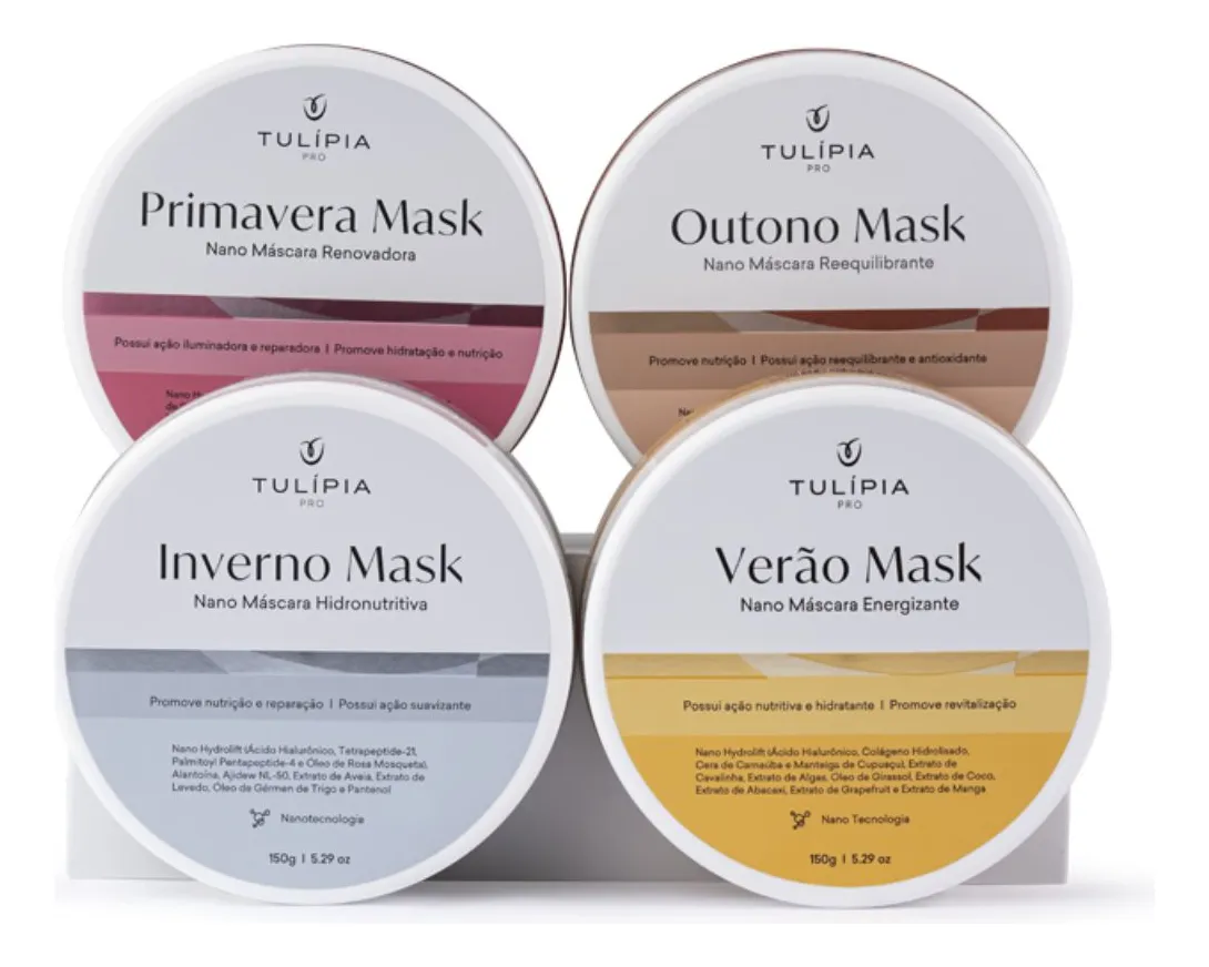 Quatro máscaras faciais TULÍPIA PRO em embalagens redondas de cores diferentes