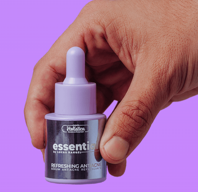 Frasco pequeno de sérum antirrugas essentia da Holistica com conta-gotas roxo claro