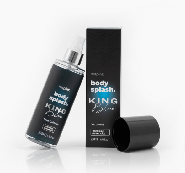Frasco e embalagem do body splash King Blue da wapink em preto com texto branco e azul