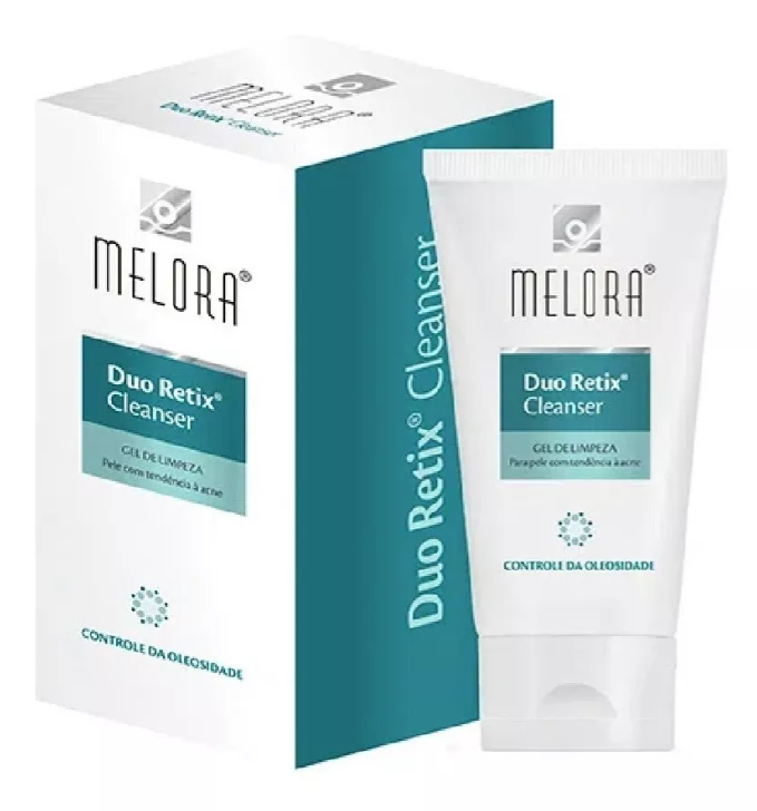 Produto MELORA Duo Retix Cleanser para limpeza da pele com embalagens branca e azul
